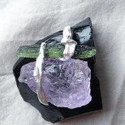 Handcrafted pendant with a 1.08g transparent green Moldavite from Chlum and Amethyst in a lead-free tin alloy setting with copper wire.