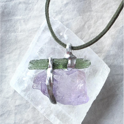 Handcrafted pendant with a 1.08g transparent green Moldavite from Chlum and Amethyst in a lead-free tin alloy setting with copper wire.