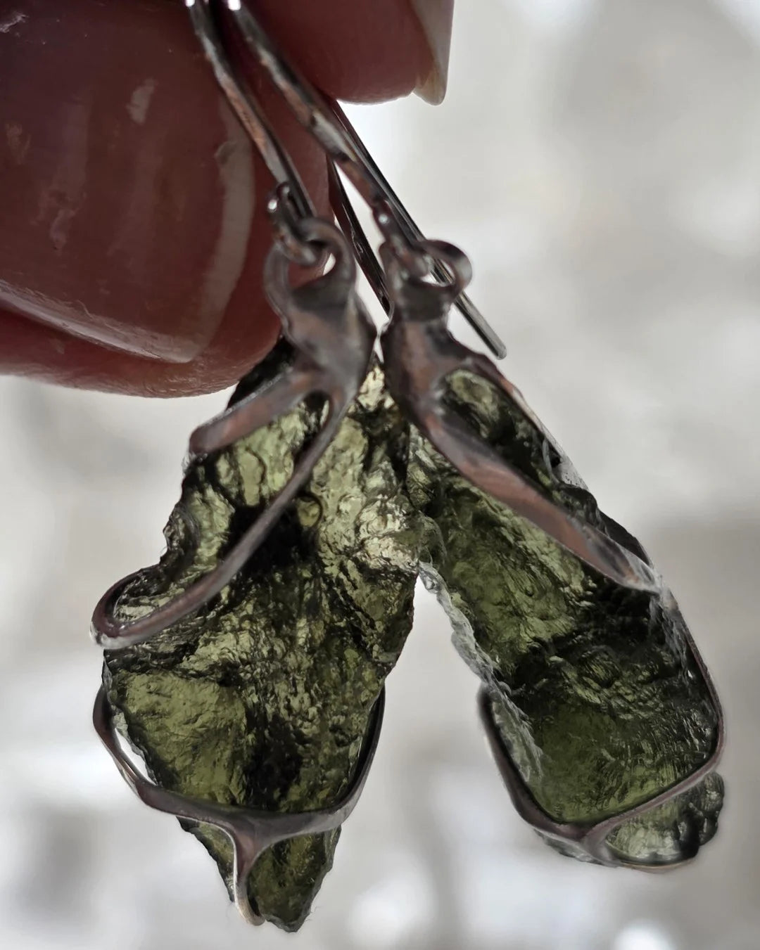 Raw Moldavite earrings with 2.31 g natural Moldavites from Vrábče in handcrafted tin alloy settings