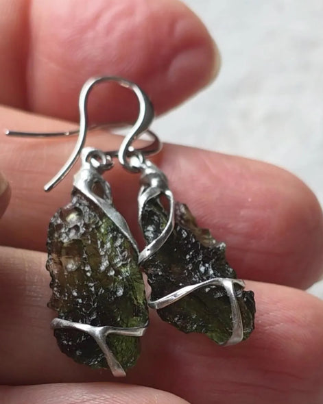Raw Moldavite earrings with 2.31 g natural Moldavites from Vrábče in handcrafted tin alloy settings