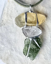 Moldavite, Libyan Desert Glass and Herkimer diamond pendant, 2.27g Moldavite from Chlum